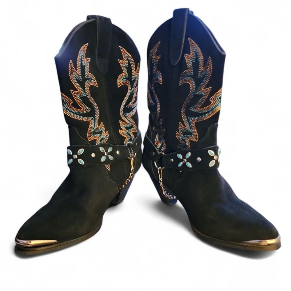 Vintage Dingo Boots Womens 8 Victoria Cowboy Suede Leather Chain Western Black - Picture 7 of 13